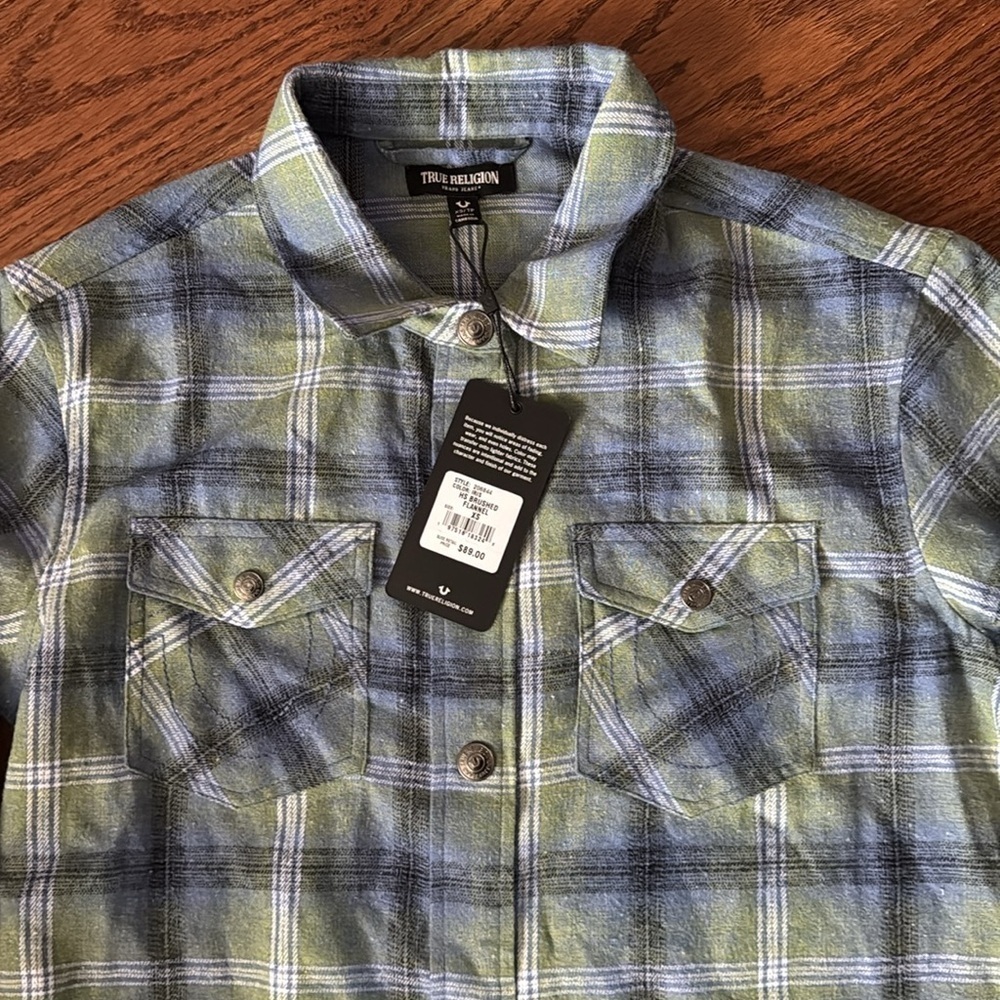 TRUE RELIGION HS Brushed Flannel Womens Button Up Long Sleeve Iris Green Blue XS - Picture 6 of 9